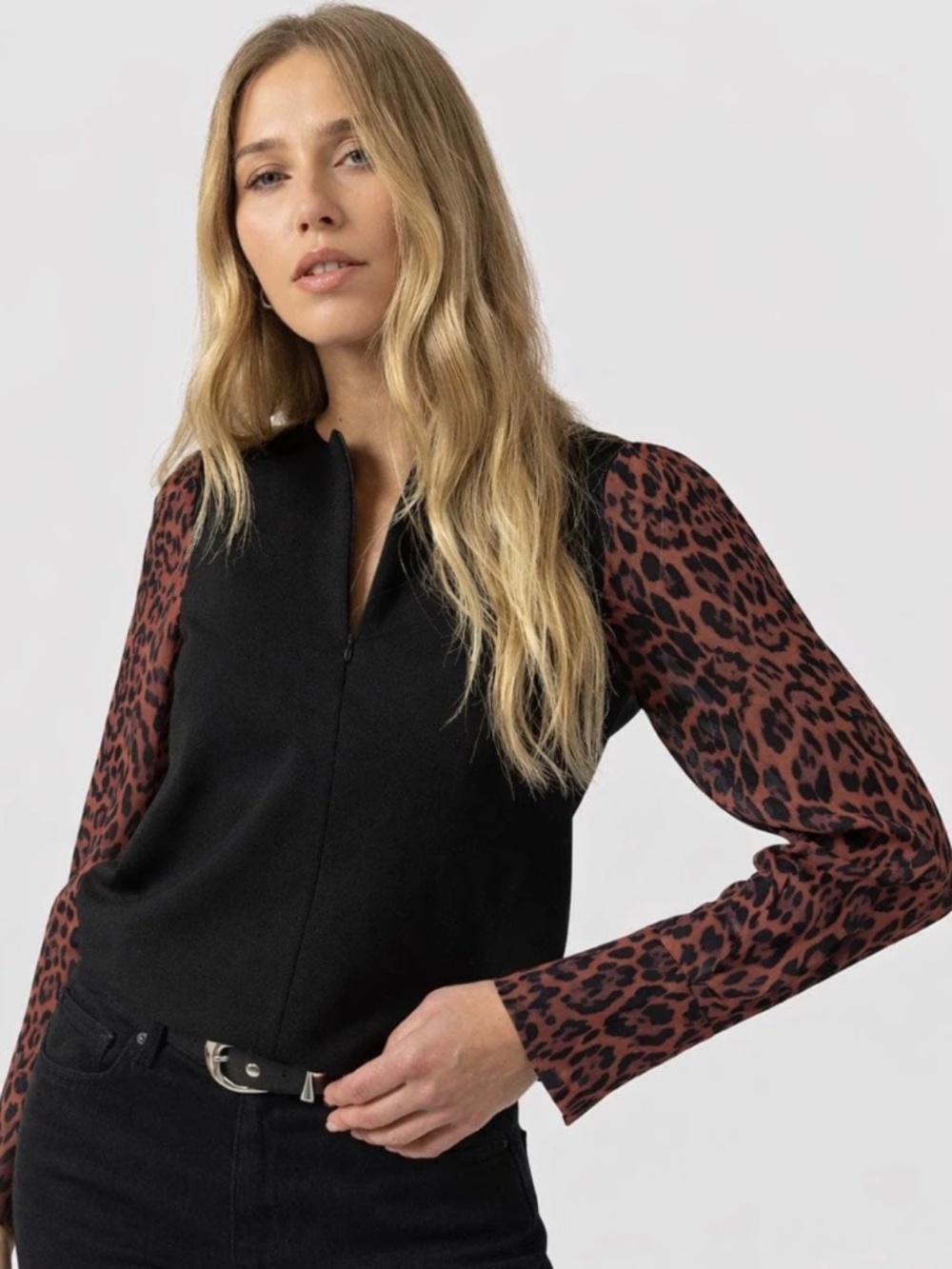 NWT Saint + Sofia Esme Zip Up Top Brown Leopard